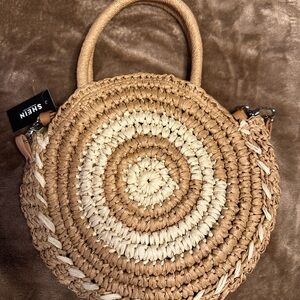 Tan and Cream Summer Sea Shell Woven Round Bag w/long strap